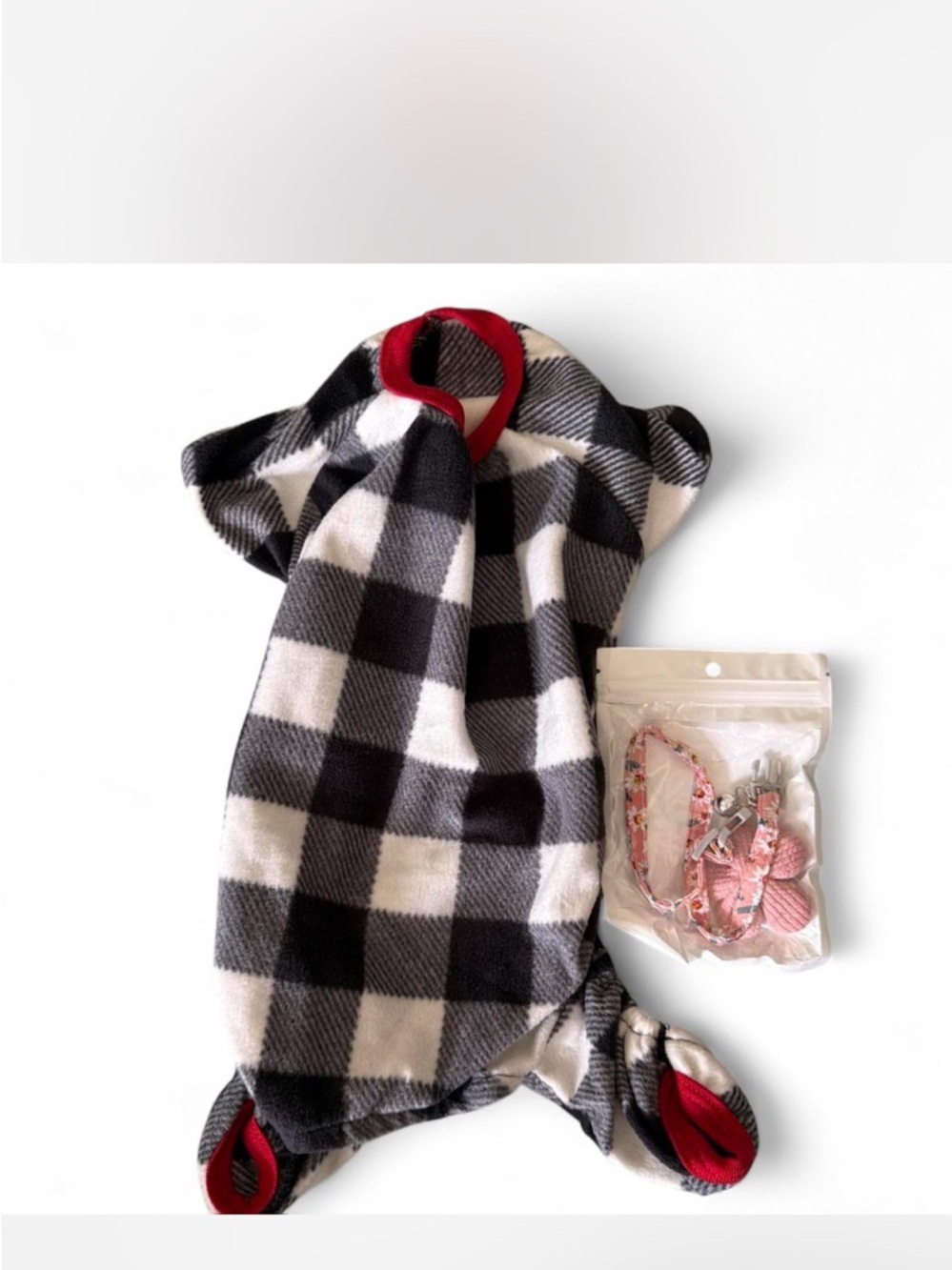 Black & White Buffalo Plaid Pet Pajama Red Trim and pink flower  collar Small